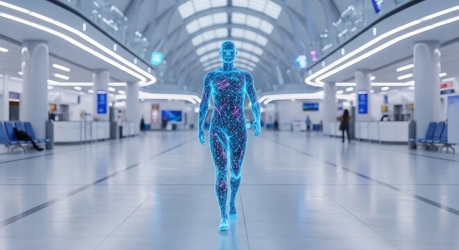 A glowing blue digital human wireframe walks forward through a brightly lit modern airport concourse with other figures in the
