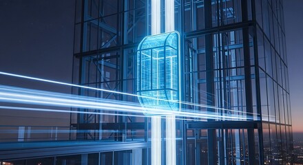 A single futuristic wireframe elevator moves rapidly through a modern glass skyscraper with light streaks