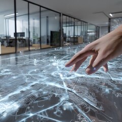Person Interacting with Futuristic Digital City Map