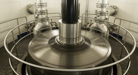 Rotor of stainless steel hydroelectric generator spinning with motion blur