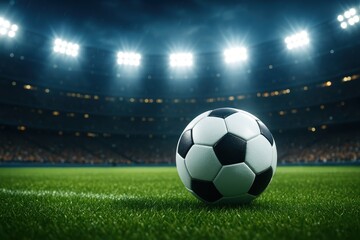 Naklejka premium Professional soccer ball positioned for championship match with stadium lights and athletic field composition