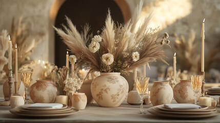 Elegant boho wedding decor featuring frosted ceramic vases with mehndi designs hand painted in earthy terracotta and ochre tones, topped with dried flowers (pampas grass, bleached butcher's broom) and