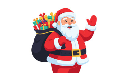 Santa claus waving with a sack full of christmas gifts on his back side