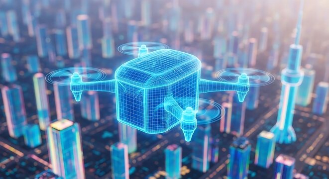 A detailed blue wireframe drone carrying a package is shown flying over a brightly lit futuristic digital city at dusk