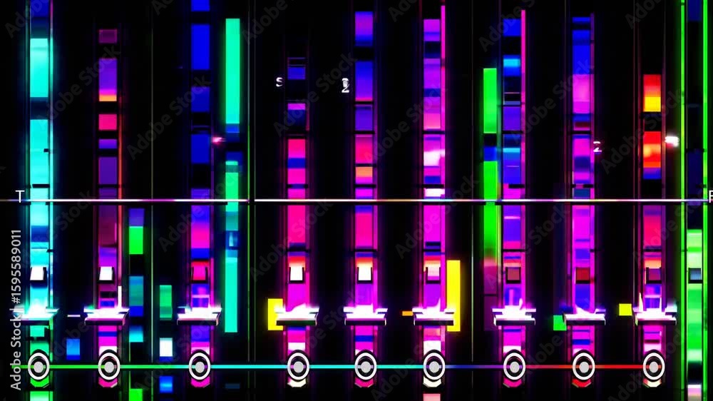 Poster vibrant music studio closeup of illuminated computer screen with synth waves.