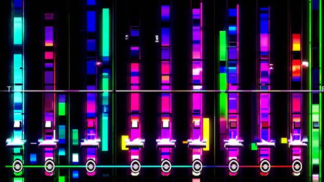 Vibrant Music Studio CloseUp of Illuminated Computer Screen with Synth Waves.