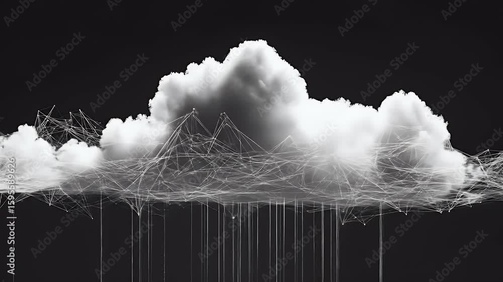 Poster abstract cloud formation with interconnected dots and lines against a dark background. features ligh