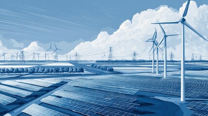 Wind Turbines and Solar Panels in Serene Landscape of Renewable Energy