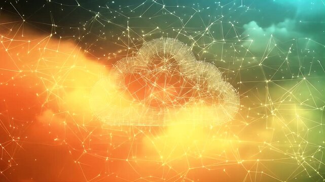 Abstract digital cloud network with interconnected dots over vibrant orange and blue cloudscape, data transfer visualization