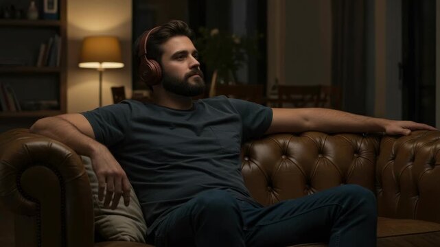 Man relaxing on couch with headphones