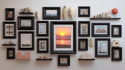 Fototapeta premium Black picture frames arranged on a wall with various artwork and decorative objects.