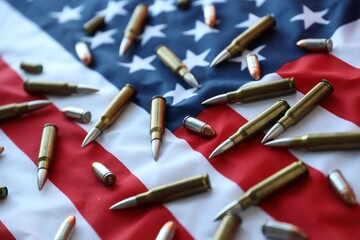 Bullets with USA flag in dark light. Patriotic background image with ammo and United States flag