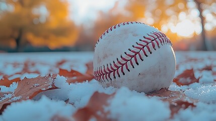Baseball resting on snow-covered ground with fallen leaves.