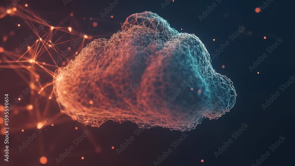 Poster abstract cloud shape with connected points in red and blue tones on dark background data connection 