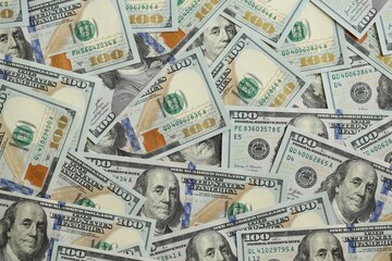 Big amount of american USD hunderd dollar bills banknotes close up