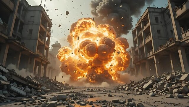 Catastrophic explosion in a war-torn urban landscape, buildings destroyed and street filled with rubble