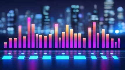 Colorful bar graph against a blurred cityscape background.