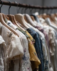 Vintage Fashion Collection on Rustic Wooden Hangers in Soft Lighting