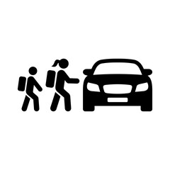 School run icon. Taking children to and from school in the car. Vector icon isolated on white background.