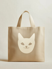 Shopper bag in coffee-with-milk color with a creamy-colored cat face, minimalist design on a light background with neutral colors and copy space
