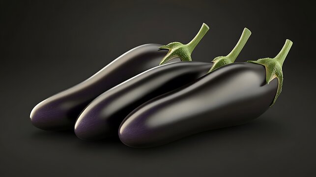 Three glossy dark purple eggplants on a dark background.