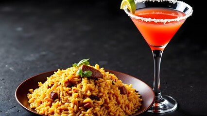 Tamarind Cocktail and Biryani Rice Dish with Spices and Meat, Iraqi Food Drink