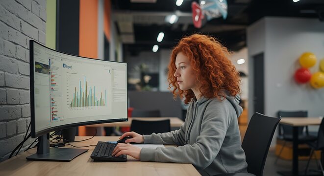 Young woman with red hair analyzing data on a curved computer monitor
