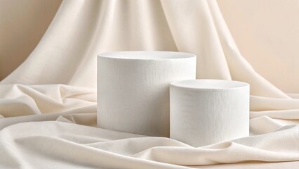 Two pristine white cylindrical pedestals, one taller and one shorter, stand elegantly amidst flowing, draped beige fabric, creating a sophisticated and minimalist backdrop