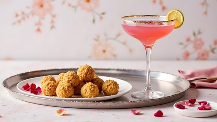 Rosewater Lemon Cocktail and Kubba Dish with Bulgur, Minced Meat, Spices on a Silver Tray, Iraqi Food Drink