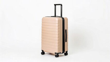 Isolated against a clean white background, a robust light-colored hardside luggage piece with horizontal ridges and an extended handle awaits its next adventure, symbolizing preparation