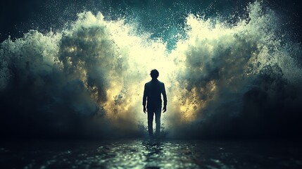 Obraz premium Solitary figure facing a powerful ocean wave.