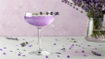 A delicate and elegant lavender-colored cocktail served in a classic coupe glass, garnished with a fresh sprig of lavender