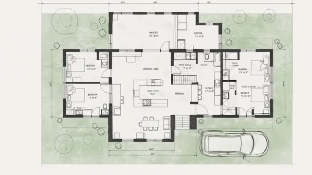Overhead view of detailed architectural house blueprint with dimensions and room labels shown clearly