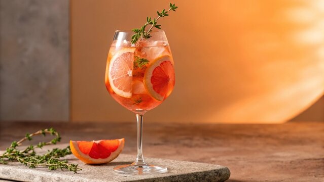 Aesthetic Citrus Aperitif with Herbal Garnish. This image captures an aesthetic citrus aperitif, with its inviting orange hue and visible grapefruit slices, beautifully enhanced by an aromatic herbal