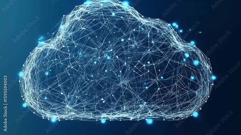 Poster abstract cloud network with interconnected glowing dots and lines on dark blue background illustrati