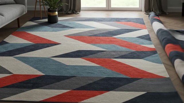 A living room featuring a modern rug with a geometric pattern and a gray sofa near a potted plant