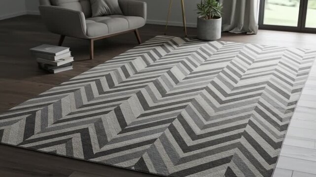 A living room with a gray sofa and a gray and white chevron patterned rug on a hardwood floor area