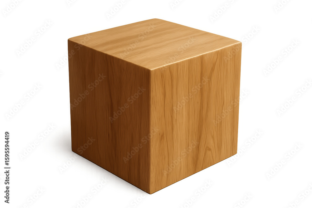 Poster wooden cube in light brown tone, creating soft shadow against transparent surface, complementing min