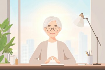 Middle-aged Asian woman practicing desk stretches for enhanced workplace wellness amid health concerns