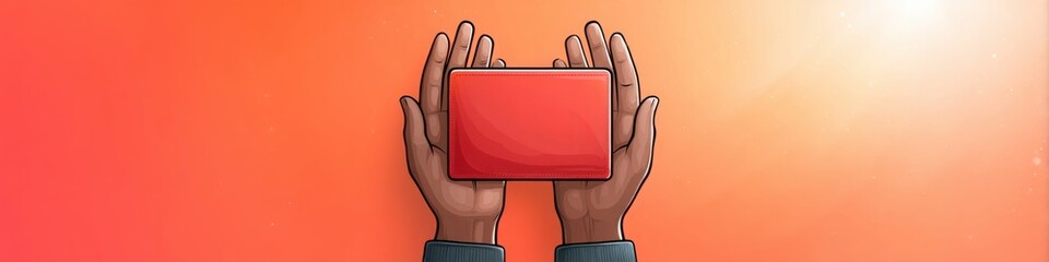 Hands holding a cartoon wallet on a vibrant gradient background for creative ideas and text space