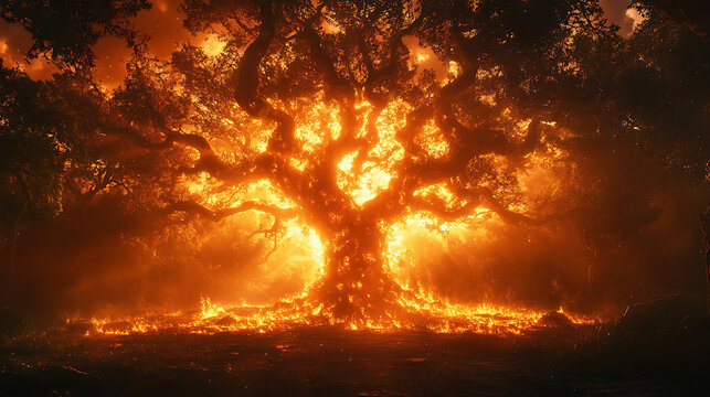Fiery Embrace A Burning Tree in a Forest Fire