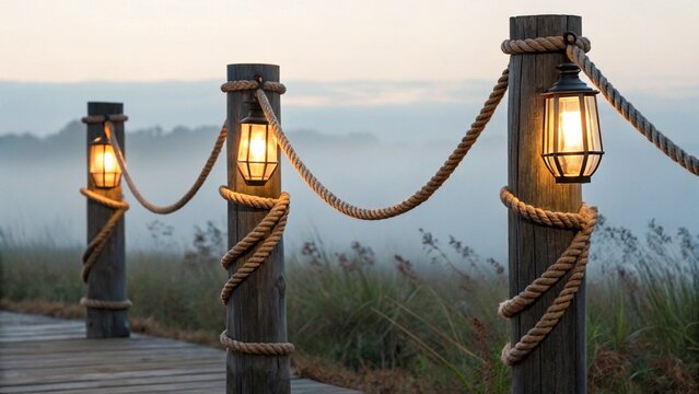 This evocative image captures a serene pathway at twilight, where warm glowing lanterns on wooden posts pierce through a soft, rolling fog