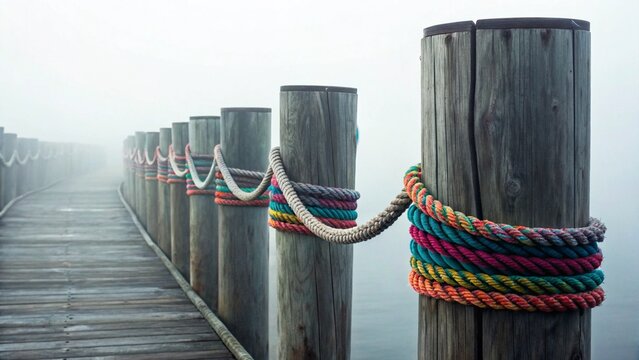 A wooden boardwalk extends into a mysterious, foggy forest landscape over a calm lake, its rustic posts adorned with vibrant, colorful ropes