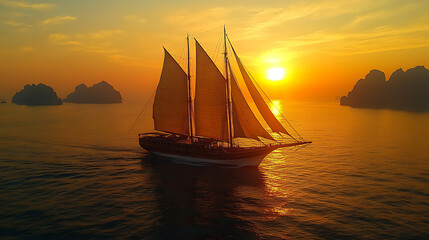 Fototapeta premium Majestic Schooner Sailing into the Golden Sunset