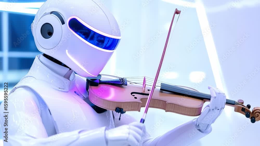 Poster white humanoid robot with blue-purple visor performing classical violin in high-tech environment. pr
