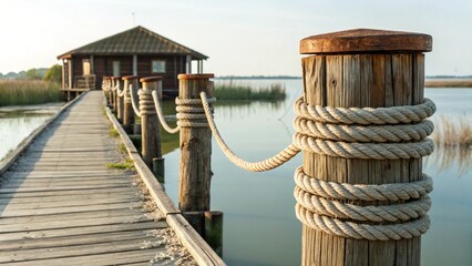Obraz premium An inviting path over water, marked by a sturdy wooden pier with rope railings, guiding the way to a cozy wooden cabin or boathouse nestled amidst green reeds.