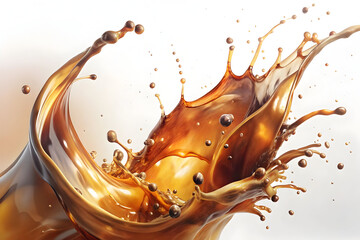 Dynamic Brown Liquid Splash with Droplets on White Background