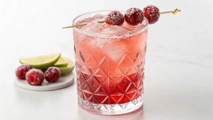 A beautiful red and pink-hued drink with crushed ice, adorned with sugared cranberries and a hint of lime, highlighting a refreshing and seasonal beverage.