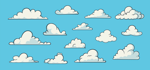 Cute Cartoon Cloud Collection on Blue Sky Background in Playful Hand-Drawn Style.