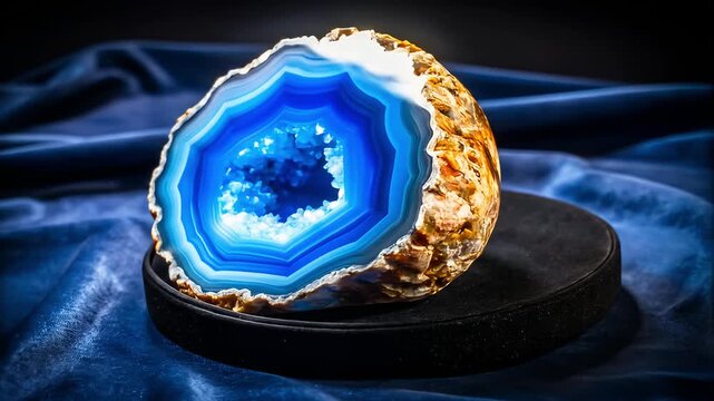 Sliced geode revealing a crystal-filled cavity, displayed on black pedestal